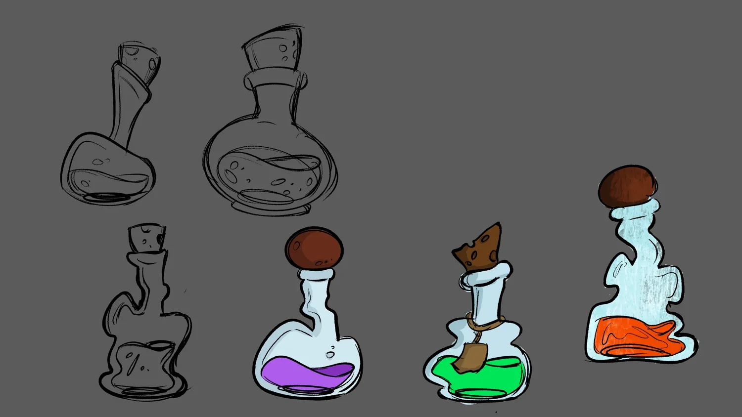 Sketched potion bottles with purple, green and blue liquids and cork stoppers