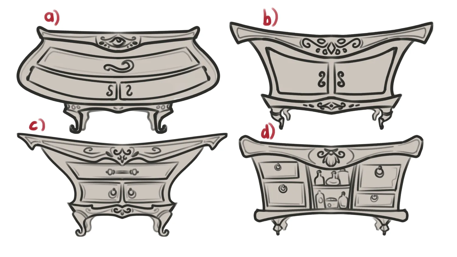 Four variants of an ornate curved counter labelled a to d