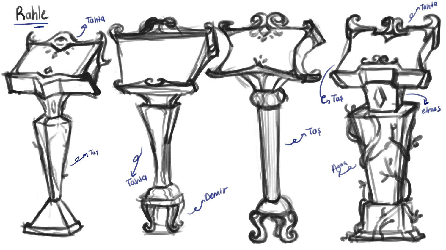 Four sketches of an ornate lectern with notes on stone, iron, plank and wood