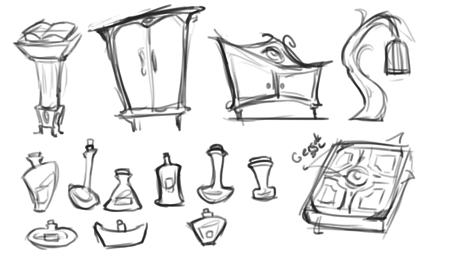 Loose sketches of a cabinet, a basin, a bath-like counter, a lamp, a book and a dozen bottle shapes