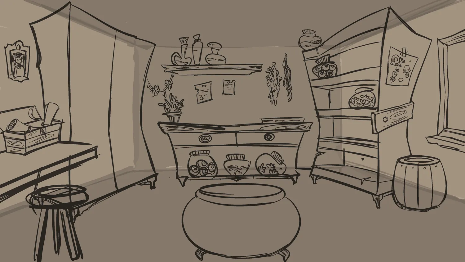 Pencil sketch of the clinic interior with a counter, shelves, a cauldron and a window